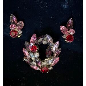 Vintage 1960's Rhinestone Pin & Earrings Set Pink Purple Red
